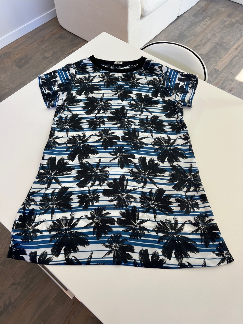 L’AGENCE palm tree short sleeve blue and white transparent dress XS